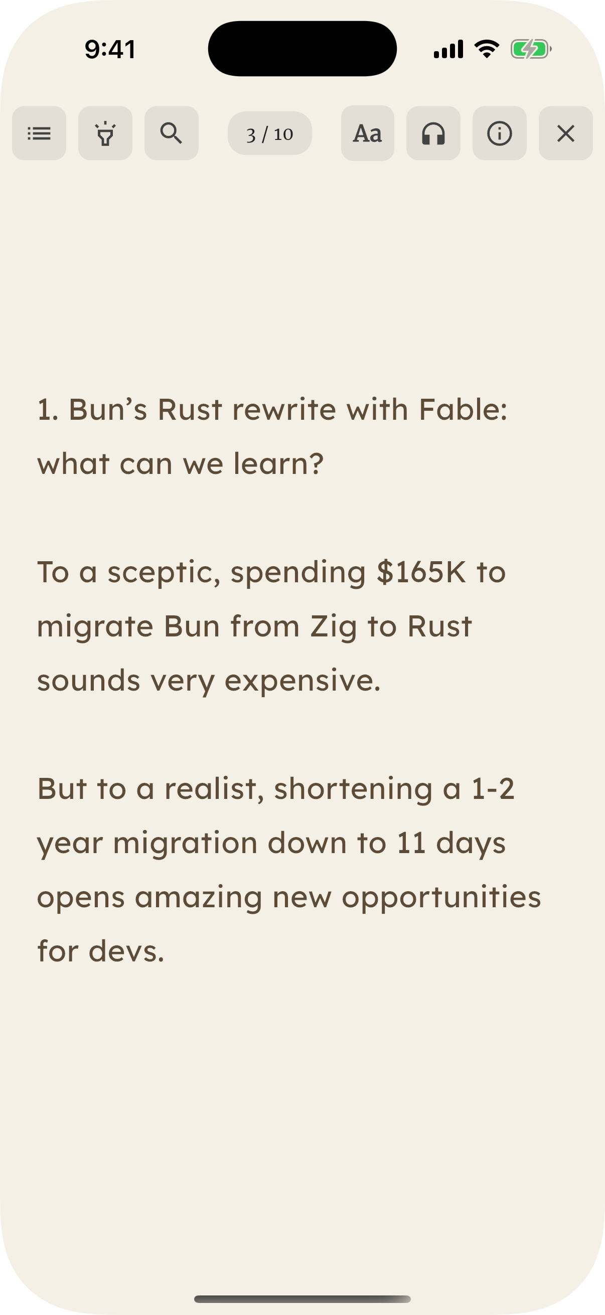 Reader screen with clean typography
